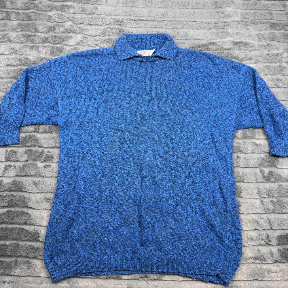 Vintage Crazy Horse Blue Marl Knit Polo Sweater Dolman Sleeve Ramie Cotton Blend